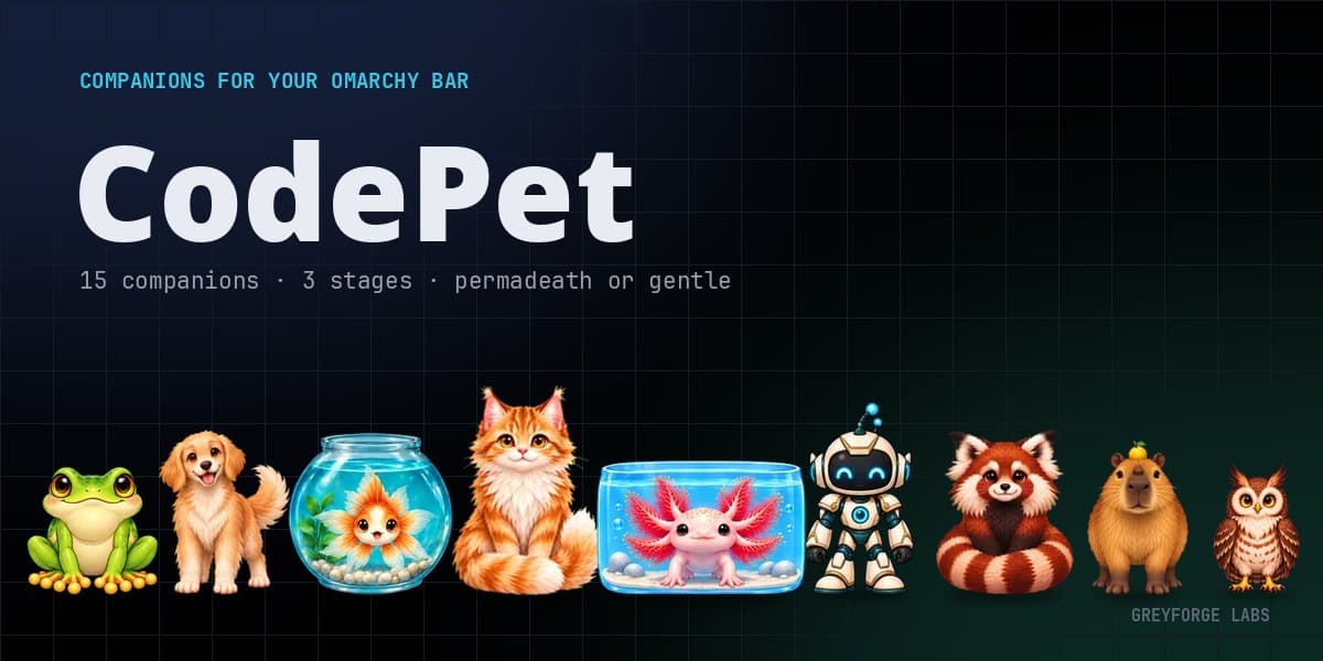 CodePet: dog, cat, axolotl, robot, capybara and more companions under the CodePet wordmark