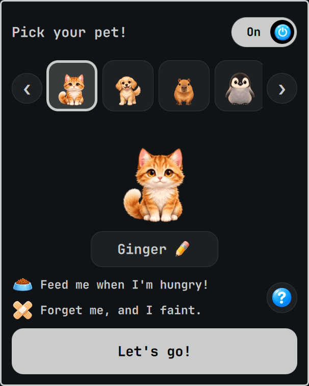 The CodePet 0.3 pet chooser with Ginger selected and a large Let’s go button