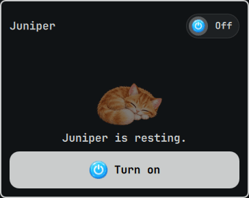 The CodePet Off card with Juniper resting and a large Turn on button