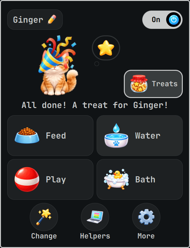 CodePet 0.3 showing Ginger celebrating, the Treats jar and four painted care buttons