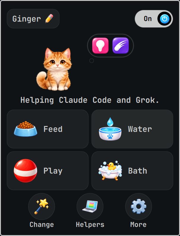 Ginger in the CodePet Home card, with Feed, Water, Play and Bath beneath a coding-app activity message