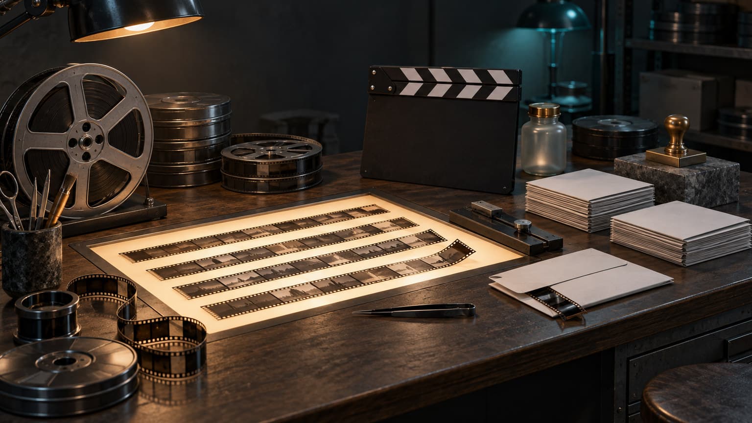 Conceptual illustration of a media factory connecting source material, storyboard, audio and review records