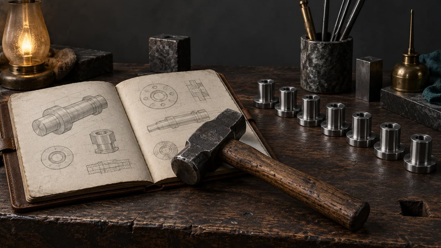 A blacksmith's hammer resting on an open notebook of sketches, beside a run of identical machined parts