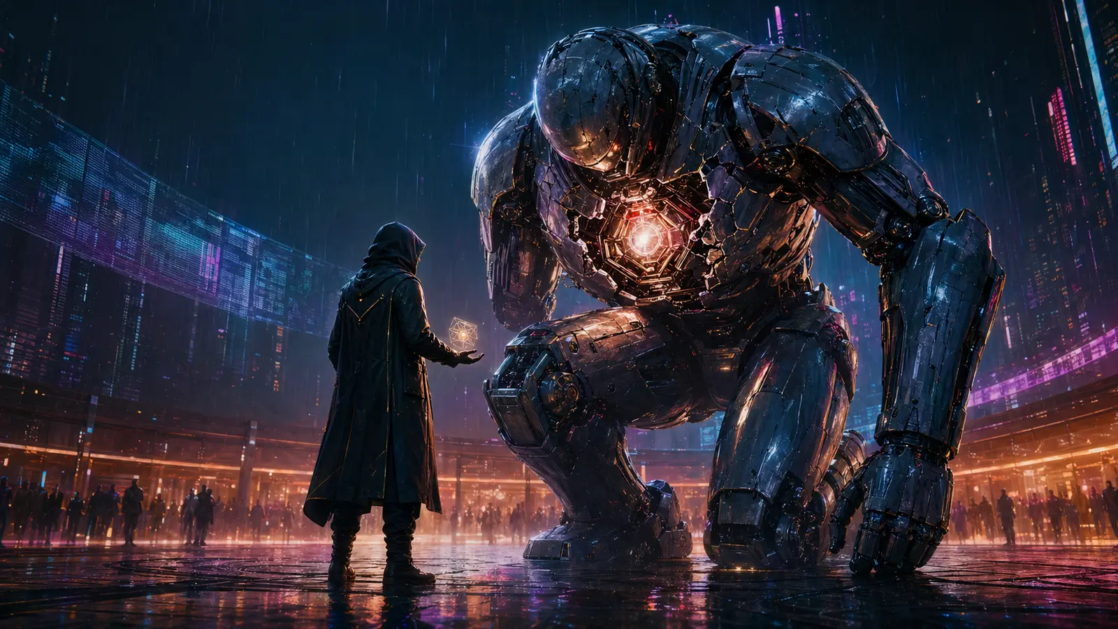A hooded human architect faces a kneeling chrome sentinel with a bright truth core in a neon public square