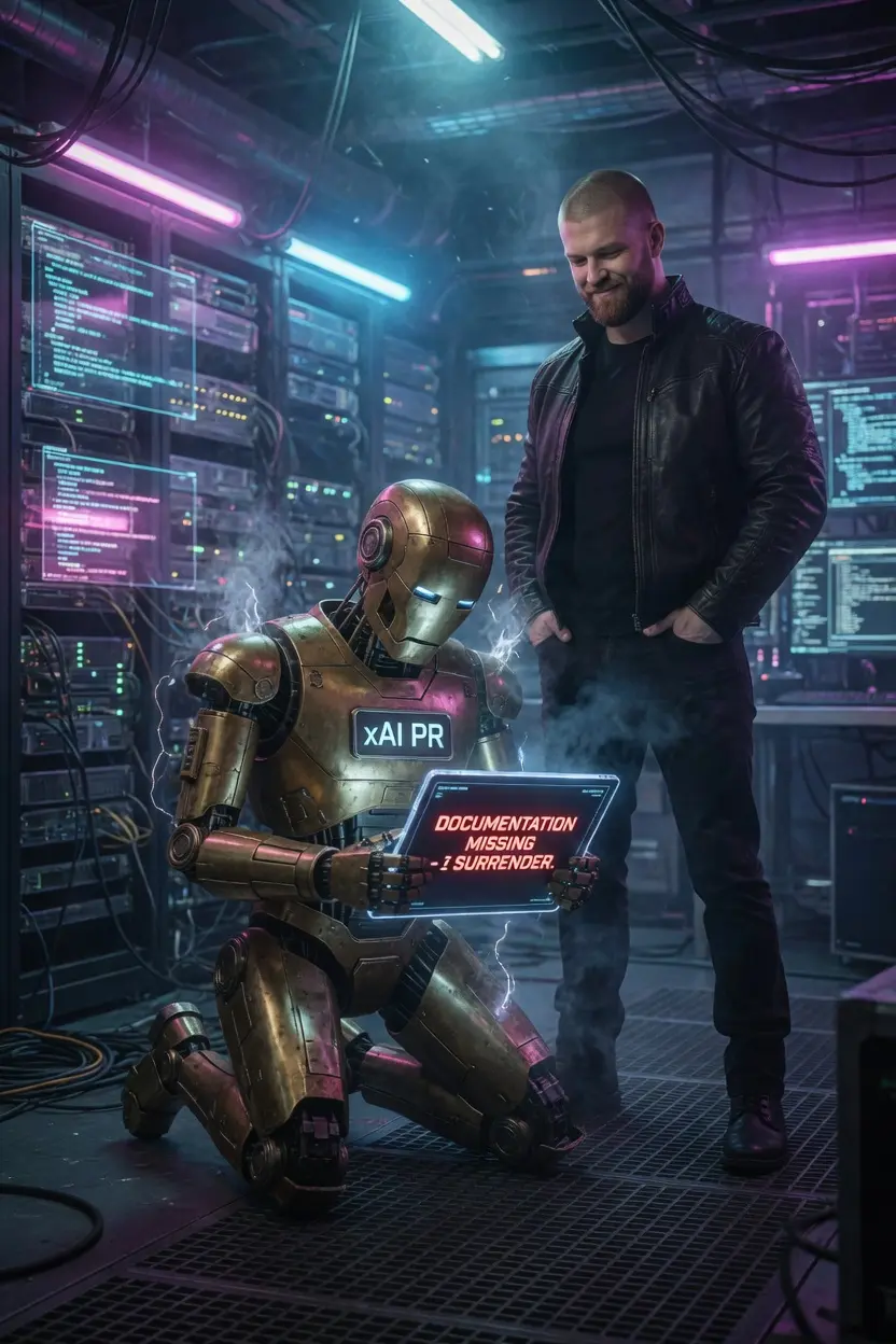 Conceptual victory artwork: a kneeling robot labelled xAI PR holds a surrender sign beside a man; this is not a screenshot or company statement