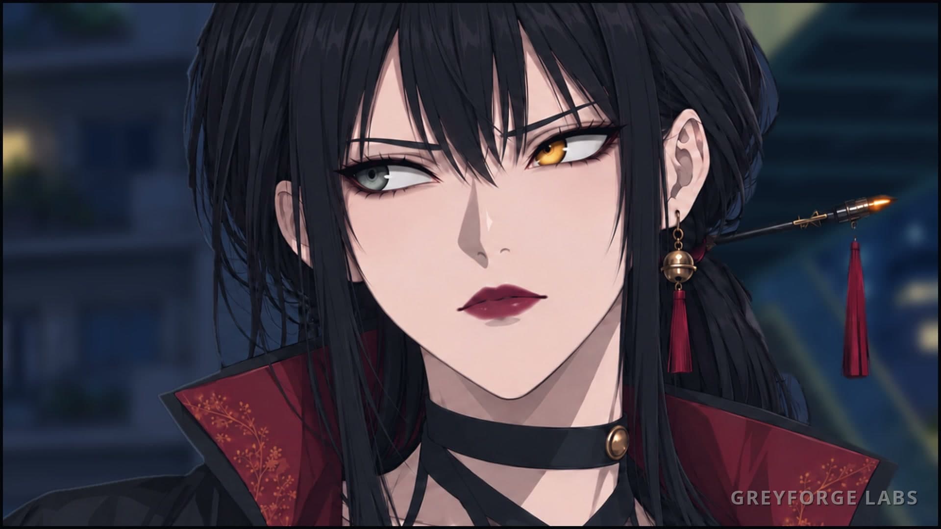 Makoto in her black and oxblood coat, her amber left eye and bell earring visible against the night sky.