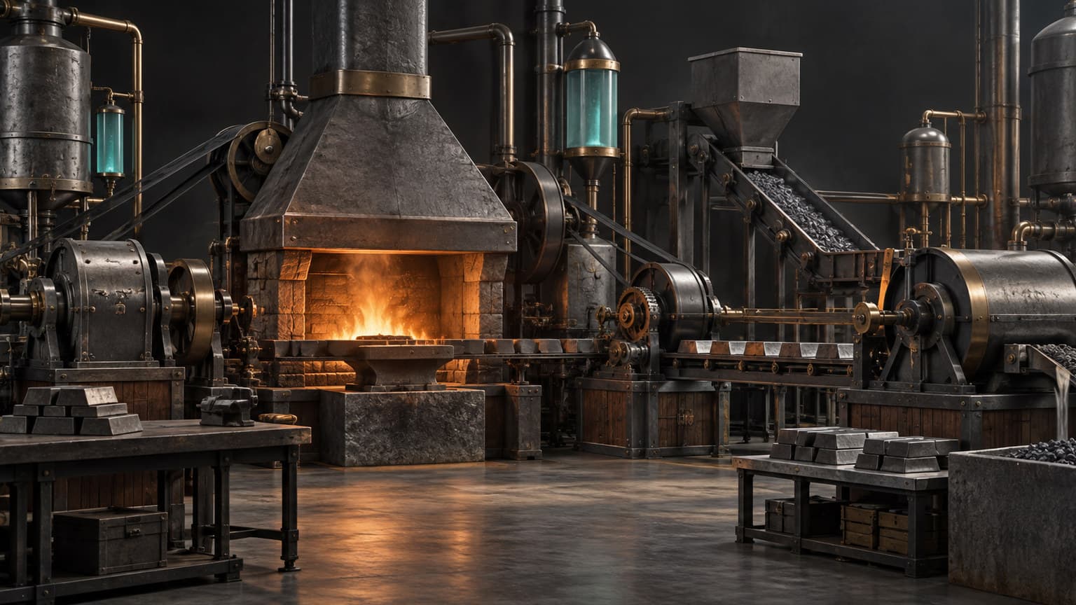 An orderly factory floor of linked machines surrounding a glowing amber forge