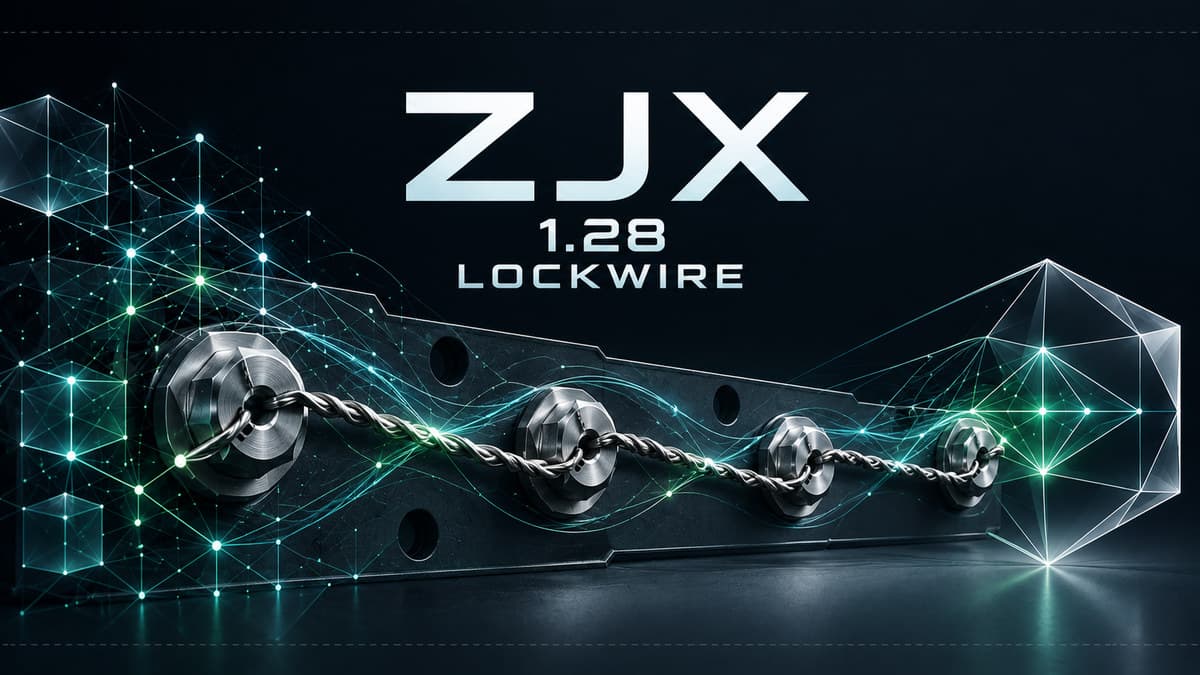 ZJX 1.28 LOCKWIRE release artwork: twisted safety wire sealing a row of bolts on a structural envelope