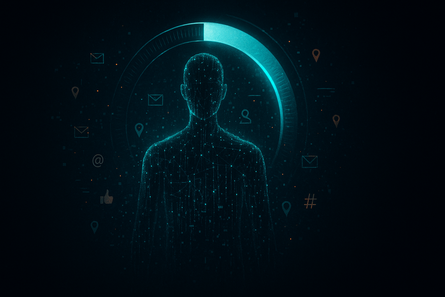 ForgeShield digital footprint scanner visualization showing a human silhouette surrounded by data fragments being analyzed