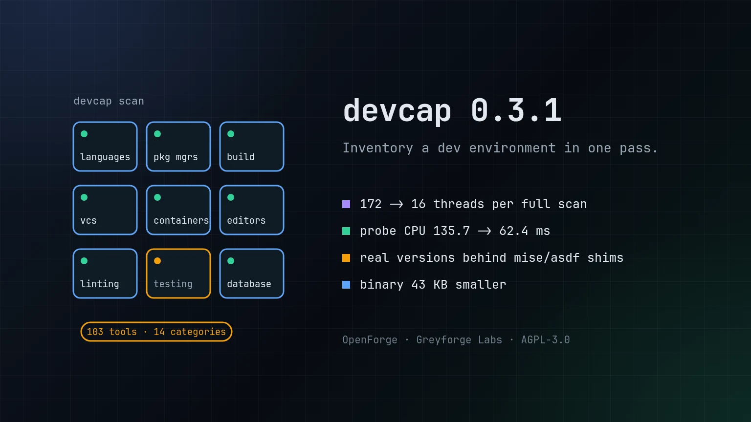 devcap 0.3.1: 16 threads per scan instead of 172, probe CPU 62.4 ms instead of 135.7 ms, real versions for tools behind mise, asdf and pyenv shims.