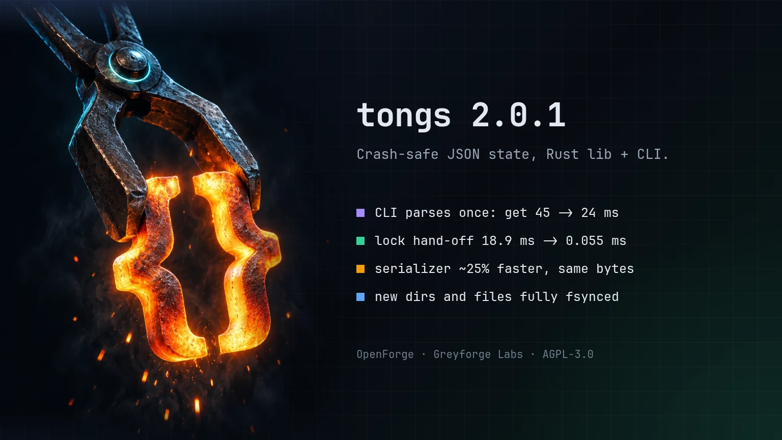 tongs 2.0.1: get on a 1.6 MB store in 24 ms instead of 45 ms, lock hand-off in 0.055 ms instead of 18.9 ms, serializer about 25% faster with identical bytes.